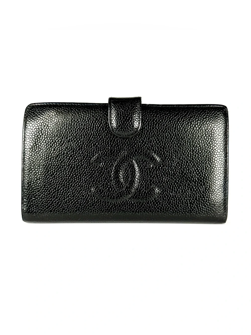 Chanel Black Caviar Leather Long Snap Bifold Wallet | Vintage CC Logo